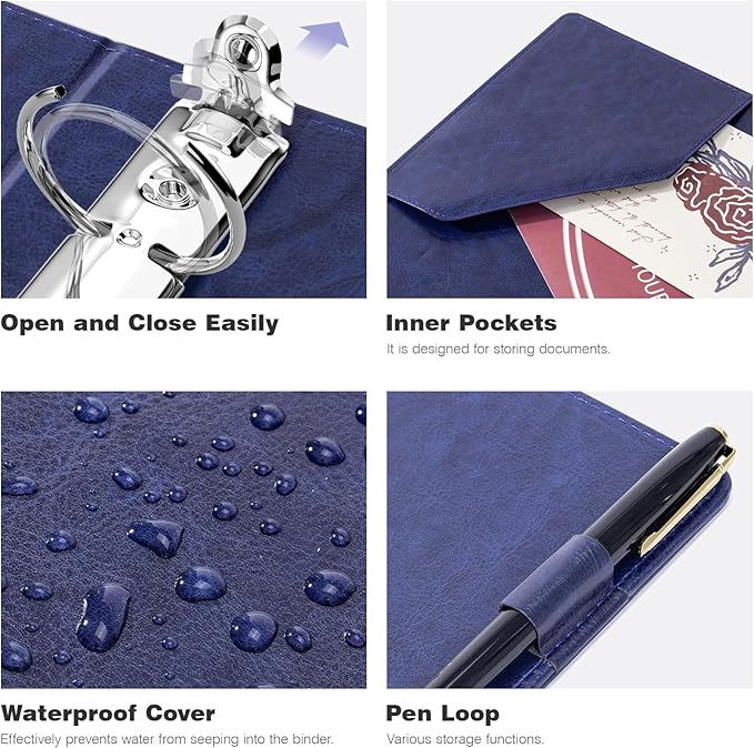 Ospelelf Leather Mini Binder Vintage Hardcover 2 Inch Rings, Professional Small 3 Ring Binders Organizer Suitable for 5.5" x 8.5" Documents, Binder Dividers with Tabs, Dark Blue