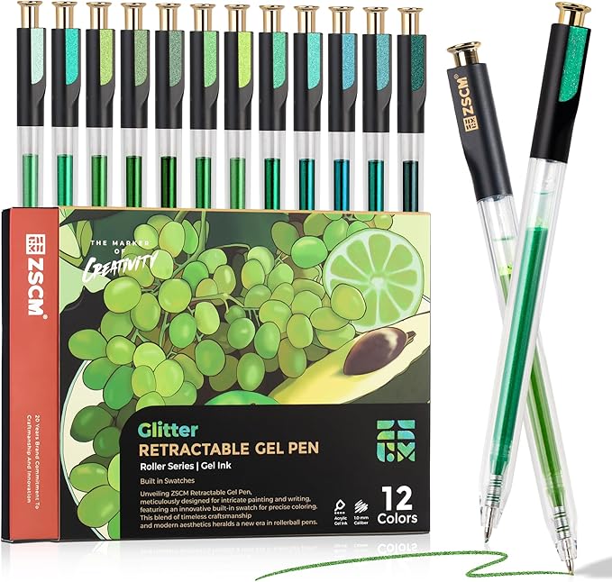 ZSCM Retractable Glitter Gel Pens, 12 Colors Large Capacity Green Glitter Metallic Gel Ink Pen, 1 mm Fine Point Smooth Writing Color Pens for Adult Coloring Book Note Taking Aesthetic Art Supplies