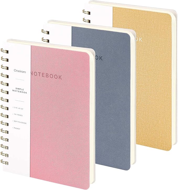 Spiral Notebook-5.75" x 8.125" College Ruled Journal with Inner Pockets and 160 Pages,PU Leather Cover Business Journal, Twin-Wire Binding Notebook Perfect for Office & Home School Supplies 3 pack Pink ReefBlue Khaki