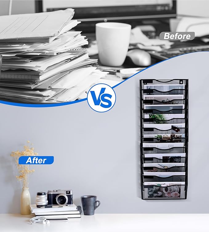 Solinxe Wall File Holder, 12 Pockets Hanging File Folder, Paper Organizer Storage, Document Rack, Mail Holder, Magazine Rack, Wall Organizer for Office, Black