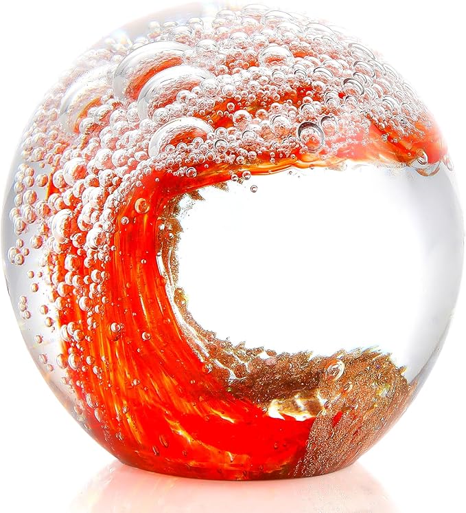 Hand Blown Glass Figurines Ball Ocean Waves Paperweight Glass Ball for Ocean Lovers Red with Gold Light and White Bubble Ball Decoration for Home Office and Aquarium