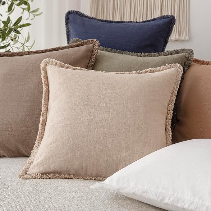 Foindtower Set of 2 Decorative Linen Fringe Lumbar Throw Pillow Covers Boho Farmhouse Cushion Cover with Tassels Soft Accent Pillowcase for Couch Sofa Bed Living Room Home Decor,12×20 Inch,Tan Beige