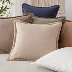 Foindtower Set of 2 Decorative Linen Fringe Throw Pillow Covers Boho Farmhouse Cushion Cover with Tassels Soft Accent Pillowcase for Couch Chair Sofa Bed Living Room Home Decor,20×20 Inch,Tan Beige
