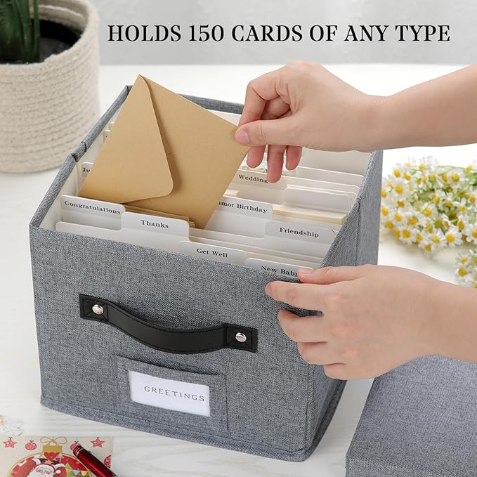 TARSUKA Greeting Card Organizer with dividers - Storage Box with lid Holds 150+ Cards - Assortment Box for Greeting Cards,Recipes, Photos, Envelopes, Keepsake - 9 x 9 x 7 Inches (Gray, 1 pcs)