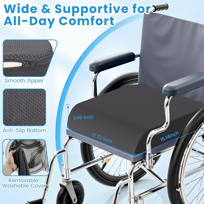 ComfyInLove Wheelchair Seat Cushion - Cooling Gel & Memory Foam Office Chair Cushion with Non-Slip Bottom & Washable Cover, Ergonomic Car Seat Pillow for Sciatica, Tailbone, Back Comfort (Grey)