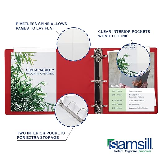 Samsill 2 Inch 3 Ring Binders, Made in USA, Economy Round Ring, Clear View Cover, 425 Sheet Capacity - for School, Home, Office - Red, 4 Pack