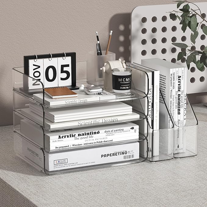 FANXIYQ 4-Tier Clear Acrylic Paper Tray Organizer for Desk with 2 Matching Bookends – Stackable Letter Tray Set, Stackable Paper Trays, Acrylic Desk Accessories/File Organizer, Office Organizer