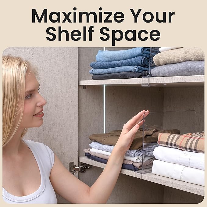 KLOZIT 6- Pack Clear Acrylic Shelf Dividers-Non-Slip Closet Organizers for Sweaters, Bags, Towels- Shelf Separators for Bedroom, Kitchen, Office
