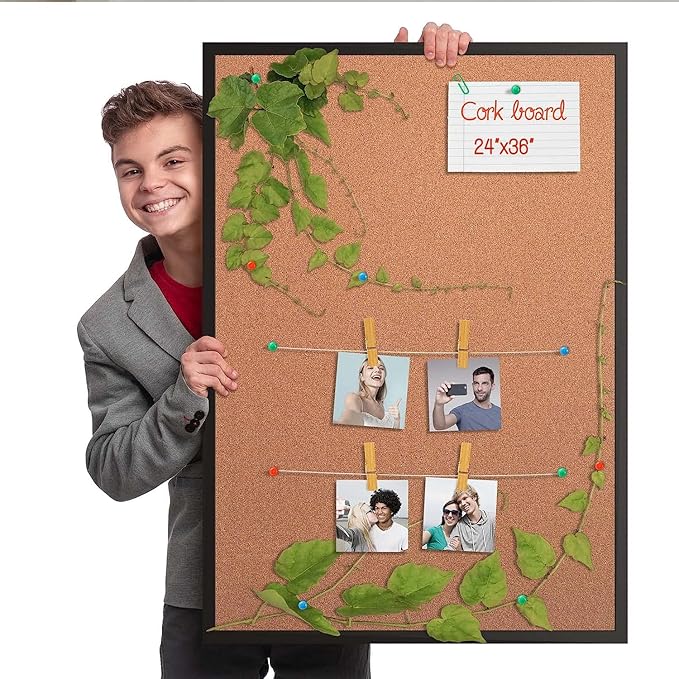 Board2by Cork Board Bulletin Board 24 x 36, Black Wood Framed 2x3 Corkboard, Office Board for Wall Cork, Large Wall Mounted Notice Pin Board with 16 Push Pins for School, Home & Office