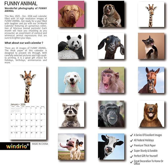 2026 Wall Calendar,Funny Calendar 2026, November 2025 - December 2026, Wall Calendar Funny Animal Memes, 12" x 24" Opened, Full Page 12 Months Thick Paper for Gift Calendar Organizing Planning