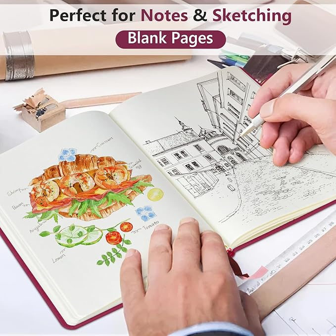 PERCUN Blank Journal Ntebook for Men & Women, 160 Pages Blank Journals for Writing, Drawing,Sketch Book,5.9" x 8.5" Leather Sketchbook, Unlined Notebook for Work, School, Art (Burgundy)