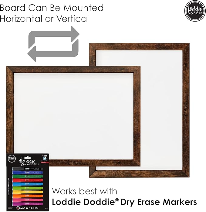 Loddie Doddie Magnetic Dry Erase Board - 18 x 24 in, Rustic Frame - Easy-Clean Surface & Whiteboard for Wall - Magnet Board - Vertical & Horizontal Mounting Hanging Whiteboard