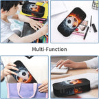 Boys Soccer Pencil Case with Water & Fire Pattern Print, Cool Black Pencil Box for Kids, Sports-Themed Canvas Storage Pouch Marker Pen Organization Bag, Portable Desk Office Organizer Travel Bag