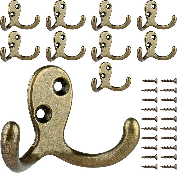 IBosins 10 Pack Heavy Duty Double Prong Coat Hooks Wall Mounted with 20 Screws Retro Double Hooks Utility Hooks for Coat, Scarf, Bag, Towel, Key, Cap, Cup, Hat
