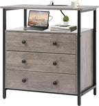 Edbuosy 3 Wooden Drawers Night Stand, 27 Inch Wide Nightstand with Charging Station and Adjustable Drawers, Small Dresser for Closet, Bedside Table for Living Room/Bedroom/Office, Gray.