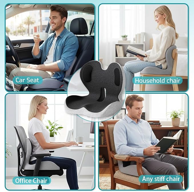 Memory Foam Seat Cushion,Office Chair Cushion with Lumbar Support,L-Shape Ergonomic Cushions with Strap,Non-Slip Sciatica,Hemorrhoids, Tailbone Pain Relief for Office Workers,Driver (Black+Light Gray)