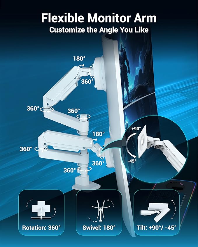 Ergounion Dual Monitor Arm for 13-49 Inch Ultrawide Screens, Heavy Duty Monitor Mount for 2 Monitors up to 44lbs, Full Motion Vertical Stacked Dual Monitor Arm Desk Mount, 75/100mm VESA Mount, White