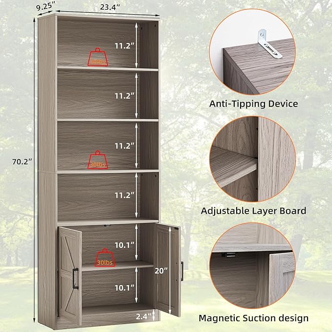 RWYHG 70in Tall Bookshelf 6 Tier Bookcase with Barn Doors and Adjustable Shelf, Oak Grey Farmhouse Book Shelves with Storage Cabinet, Wood Floor Standing Display Bookshelve for Bedroom, Living Room