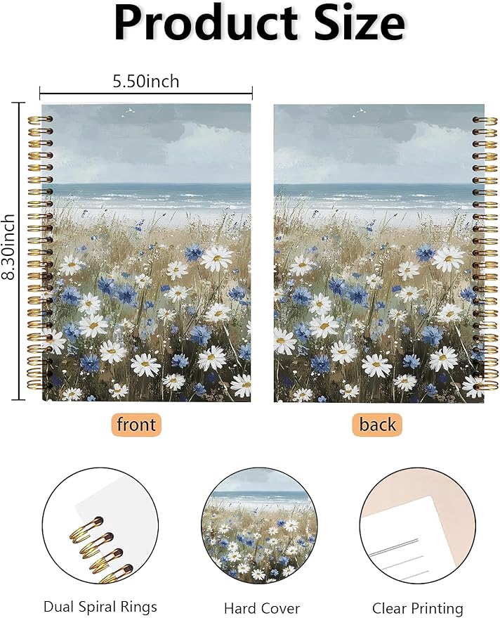 Beach Wildflowers Hardcover Spiral Notebooks - Coastal Boho Farmhouse Flowers Nautical Sea Journal for Women, Ocean Themed Gifts for Beach Lovers, White and Blue Daisy Seaside Notebook 5.5x8.3 Inch