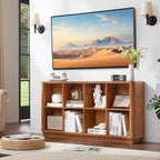 Joaxswe 8 Cube Storage Book Shelf, 52" Long Horizontal Bookshelf with Curved Edge, Floor Standing Wooden Cubby Bookcase with Base, Low Modern Console Book Case, TV Stand for Living Room, Brown