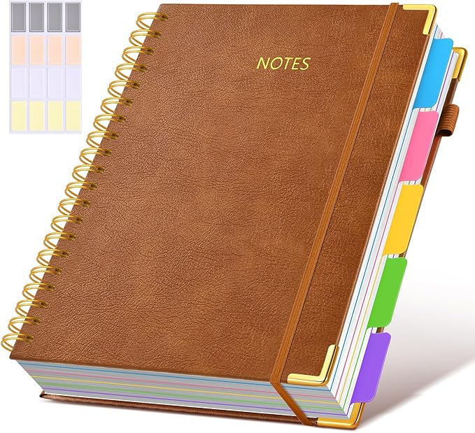 Hardcover Spiral Notebook 8.5"x11" Journal with Removable Dividers Tabs, 300 Pages Leather 5 Subject Notebook College Ruled, Large A4 Notebooks for Work School, Journal for Women, A4 Light Brown