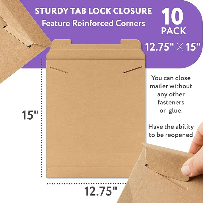 APQ Supply Natural Brown Tab Lock Rigid Mailers, 12.75 x 15 Inch. Pack of 10 Cardboard Envelopes for Photos, Documents. Sturdy Stay Flat Mailers with Tab Lock Closure. Hard Rigid Shipping Envelopes