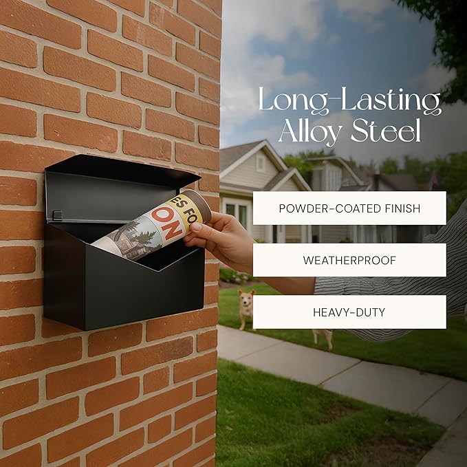 NACH Black Envelope Wall Mount Mailbox, Rust Resistant Metal Mailbox, Black Mailbox Wall Mount, Mailboxes for Outside Wall Mount, Outdoor Mailboxes, Wall Mailbox, 14.1 x 3.5 x 6 Inches, MB-6915BLK
