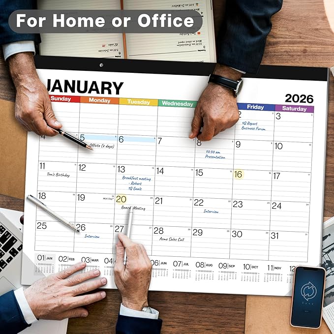 Dunwell 2026 Desk Calendar 22x17, Large Monthly Desk Blotter or Hanging Wall Calendar, Colorful Design, Jan–Dec 2026, Lined Daily Blocks, Easy to Read