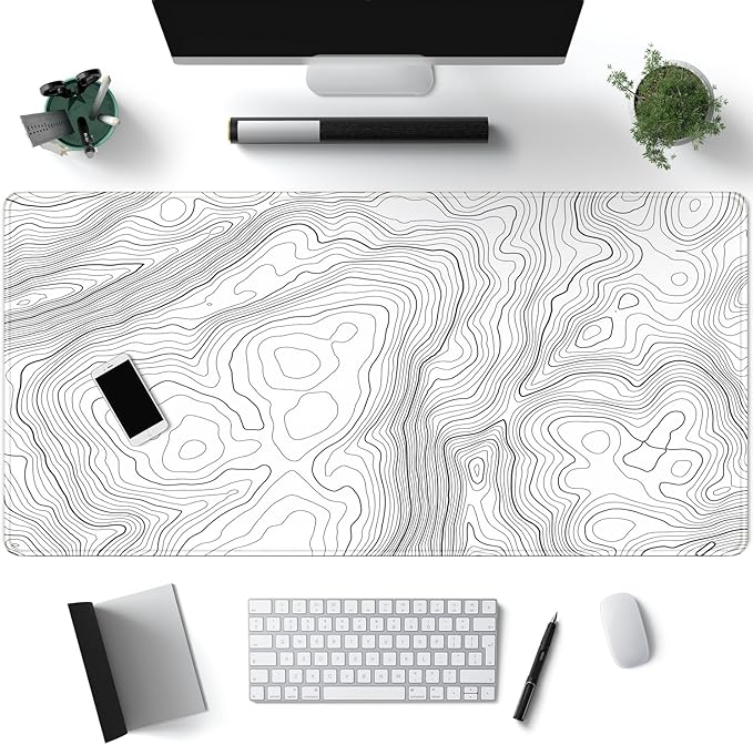 Mechanical Cattle Desk Mat Large Gaming White Mouse Pad Minimalist Topographic Map Desk Mat Extended XL Mousepad 31.5x15.7 in Anti-Slip Desk Pad Keyboard Mousepad Stitched Edges Large Mouse Pad Grey
