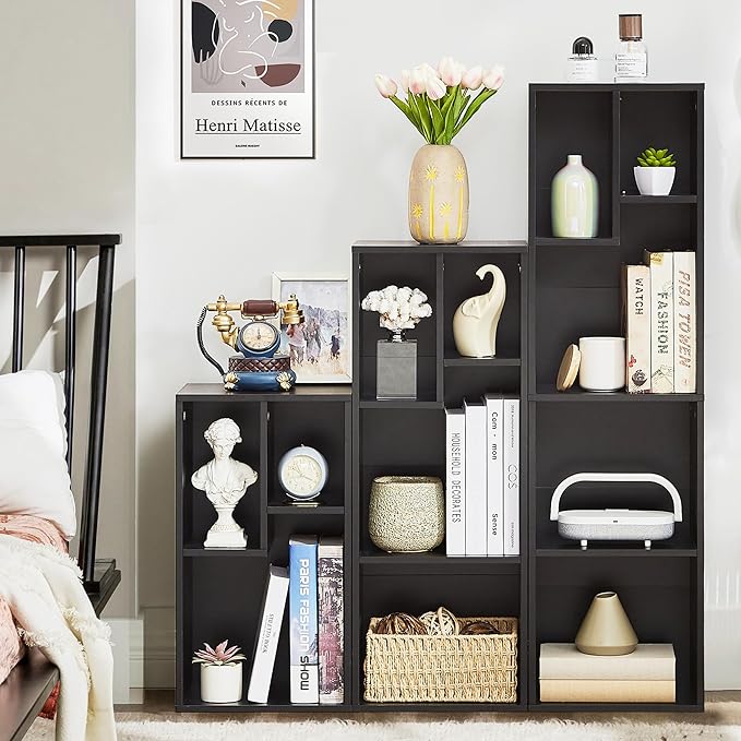 VECELO Narrow Bookshelf Set, Fits 9.3" × 10-12.8" Hardcovers, Cube Storage Bookcases, Free-Standing for Living Room, Bedroom, Home Office, 2/3/4-Tier, 3-Pack, Black