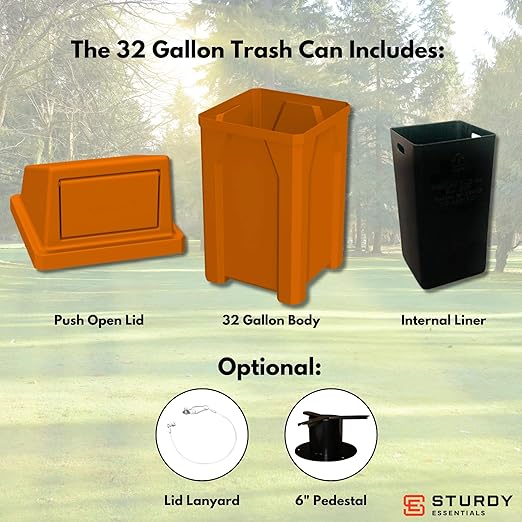 Sturdy Essentials 32 Gallon Square 100% Recycled Plastic Heavy Duty Indoor or Outdoor Commercial Trash Can with Push Lid | Great for Schools and Businesses - Orange