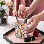 Jwest Pen Holder, Makeup Brush Holder Ceramic Shiny Gold Vintage Floral Flowers Pattern Pencil Cup for Girls Kids Women Durable Stand Desk Organizer Storage Gift for Office, Classroom, Home Pink