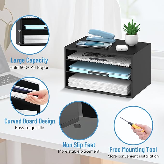 SHARKWOODS Wood Desk Organizer, 3 Tier Paper Tray Organizer for Desk with Adjustable Storage Shelves, Printer Stand Desktop File Organization Paper Sorter Mail Holder for Office Home Classroom, Black