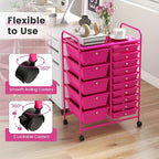 COSTWAY 15-Drawer Rolling Storage Cart, Mobile Utility Cart with Heavy-duty Frame & Lockable Wheels, Multipurpose Storage Organizer for Tools, Paper, Office, School, Hot Pink