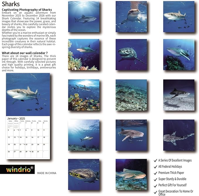 2026 Wall Calendar,Calendar 2026, November 2025 - December 2026, Wall Calendar Shark, 12" x 24" Opened,Full Page Months Thick & Sturdy Paper for Gift Perfect Calendar Organizing & Planning