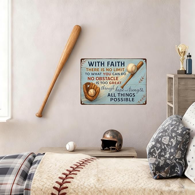 With Faith Baseball Metal Sign – Vintage Inspirational Quote Wall Decor for Locker Room, Bedroom, or Gym – Motivational Gift for Athletes, Coaches, and Baseball Fans(Baseball faith)