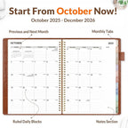 SUNEE 2026 Planner, Weekly and Monthly Calendar Planner 9"x11.2"- 12 Month (January 2026 - December 2026), Vegan Leather Cover, Pocket, Bookmark, Notes, Monthly Tab, Brown