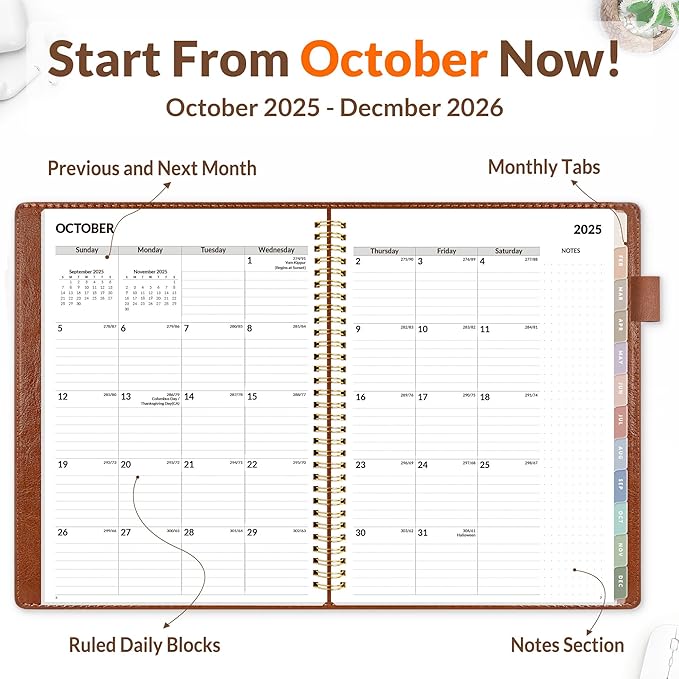 SUNEE 2026 Planner, Weekly and Monthly Calendar Planner 9"x11.2"- 12 Month (January 2026 - December 2026), Vegan Leather Cover, Pocket, Bookmark, Notes, Monthly Tab, Brown