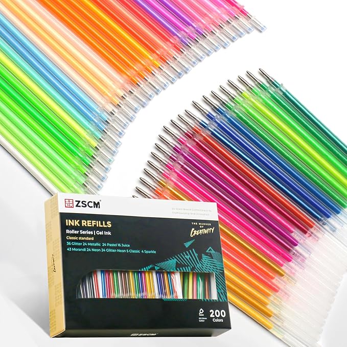 ZSCM 200 Colors Gel Pen Ink Refills, Glitter Neon Gel Ink Pens Refills Replace Cartridges for Adult Coloring Books Journaling Women Gifts, No Repeats
