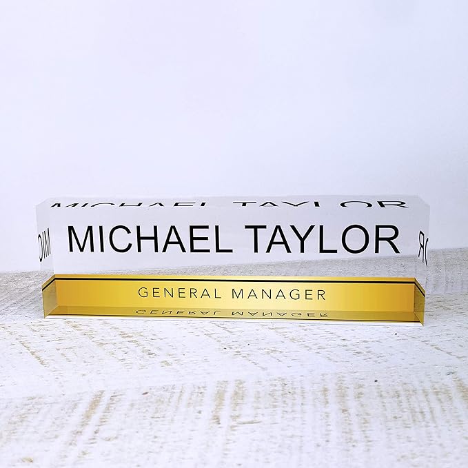 Artblox Personalized Name Plate for Desk | Gold Stripe On Clear Acrylic Glass | Custom Desk Name Plate Personalized with Name and Credentials for Teacher Phd Military Office Name Plate (8" X 2.5")