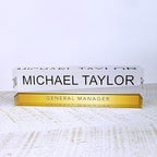Artblox Personalized Name Plate for Desk | Gold Stripe On Clear Acrylic Glass | Custom Desk Name Plate Personalized with Name and Credentials for Teacher Phd Military Office Name Plate (8" X 2.5")
