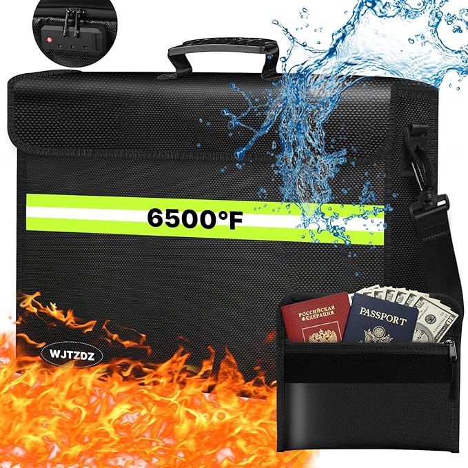 WJTZDZ 6500°F Large Fireproof and Waterproof Document Bag with Lock,10 Layers Insulation Materials&Waterproof Zipper,Removable Folder Layers/Wallet,Reflective Strip for Valuables(16.5”x 12.4”x 5.5”)