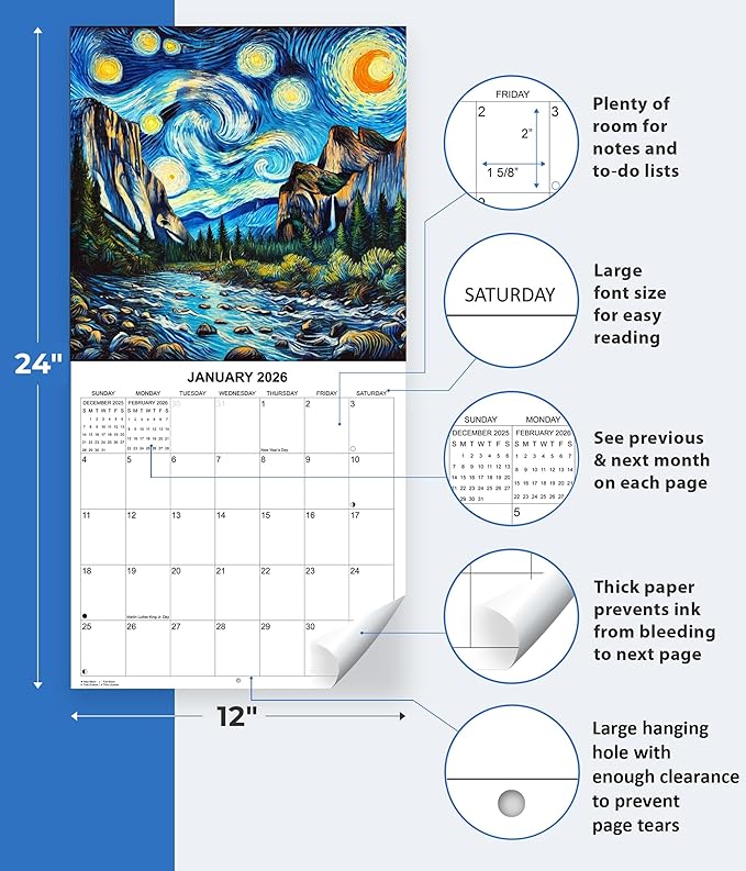 2026 National Parks through the Eyes of Van Gogh Monthly Wall Calendar - Art from America's National Parks in the Style of Vincent Van Gogh | Impressionist Style Paintings Calendar 2025-2026
