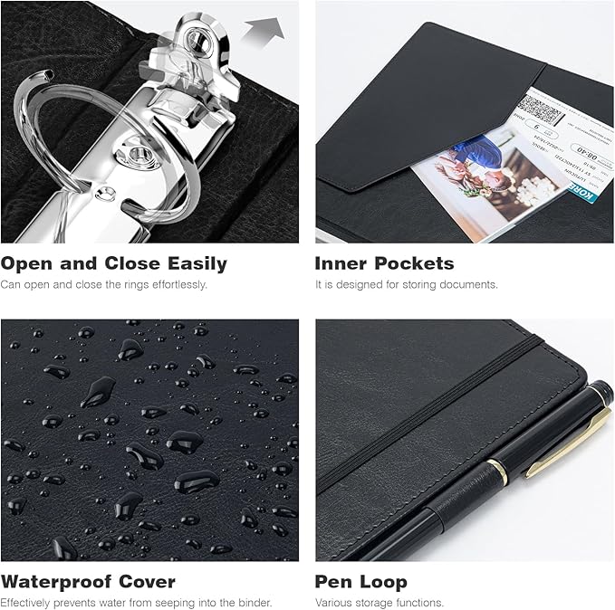 Ospelelf Vintage Hardcover 3 Ring 1 inch Leather Binder, Professional Binders Organizer Suitable for Letter Size Documents, Binder Dividers with Tabs, Faux Black Leather