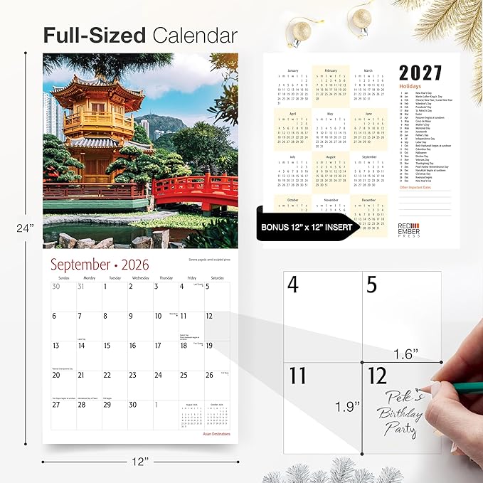 RED EMBER Asian Destinations 2026 Wall Calendar 12 Month | 12" x 24" Open | Thick & Sturdy Paper | Holiday Gift | Travel Calendar 2026