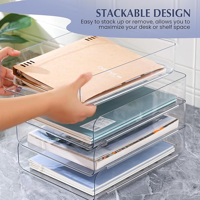 CiWiVOKi 2 Pack Stackable Paper Tray, Acrylic File Organizer for Desk, Office Organizer and Storage for Desk Accessories, Notes, Books, File Paper, Document