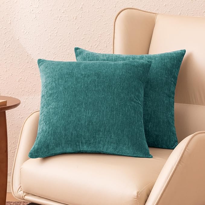 Amazon Basics Chenille Throw Pillow Covers, Home Decor Cushion Cover for Bedroom Living Room Couch Bed, 16" W × 16" L, Deep Teal