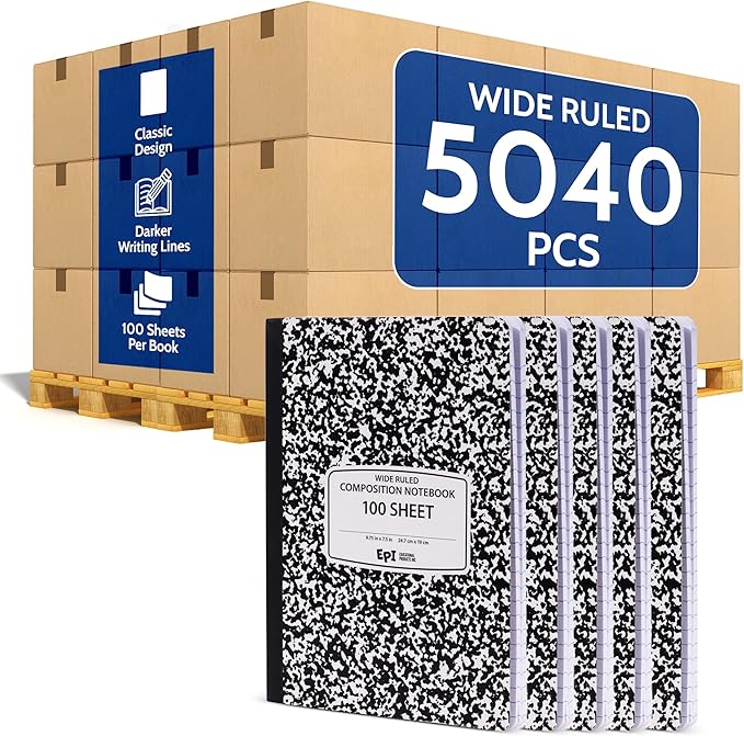 EPI 5040 Pack (Pallet) Wide Ruled Composition Notebook Bulk, 200 pages (100 Sheets), 9-3/4 x 7-1/2, Black Marble, Bulk School Supplies, Heavy Duty, Durable Office Notebooks, Sturdy Sewn Binding