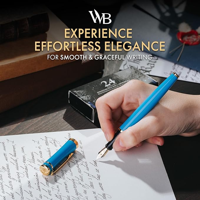 Wordsworth & Black Fountain Pen Set, Medium Nib, 24 Ink Cartridges and Ink Refill Converter, Gift Case, Journaling, Calligraphy, Smooth Writing Pens [Sky Blue, Gold Finish], Perfect for Men and Women
