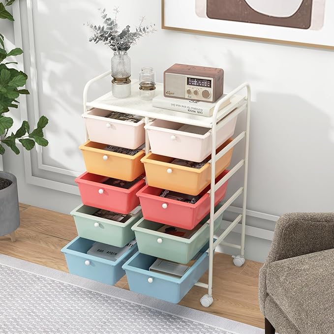 HAPPYGRILL 10-Drawer Rolling Storage Cart, Storage Organizer Cart with Lockable Wheels, Beauty Salon Movable Utility Cart for School, Office, Home, (Macaroon Colorful)